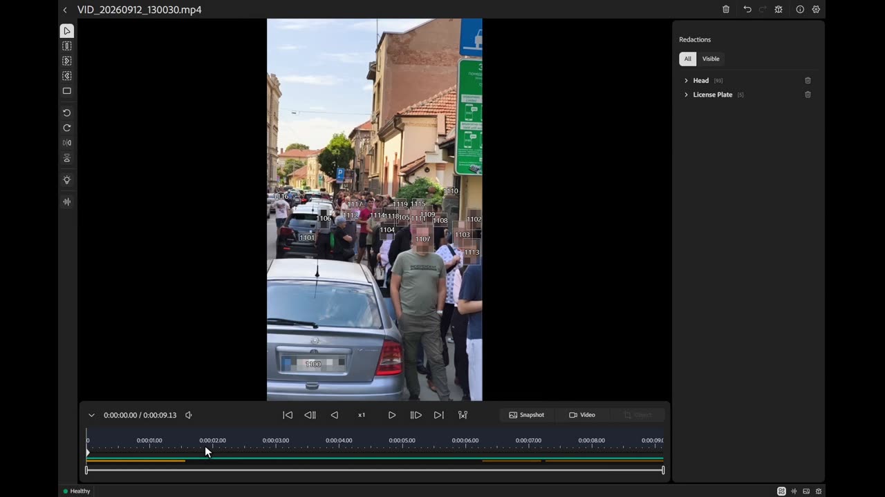 VeloSCN Blenda after a detection pass: every face in a crowded street masked and numbered, with 93 heads and 5 license plates listed in the Redactions panel