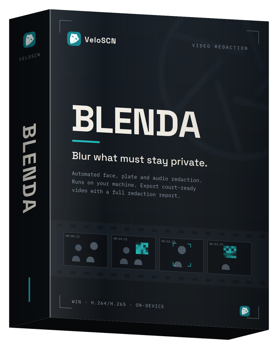 VeloSCN Blenda � on-device video redaction software, shown as a 3D product box