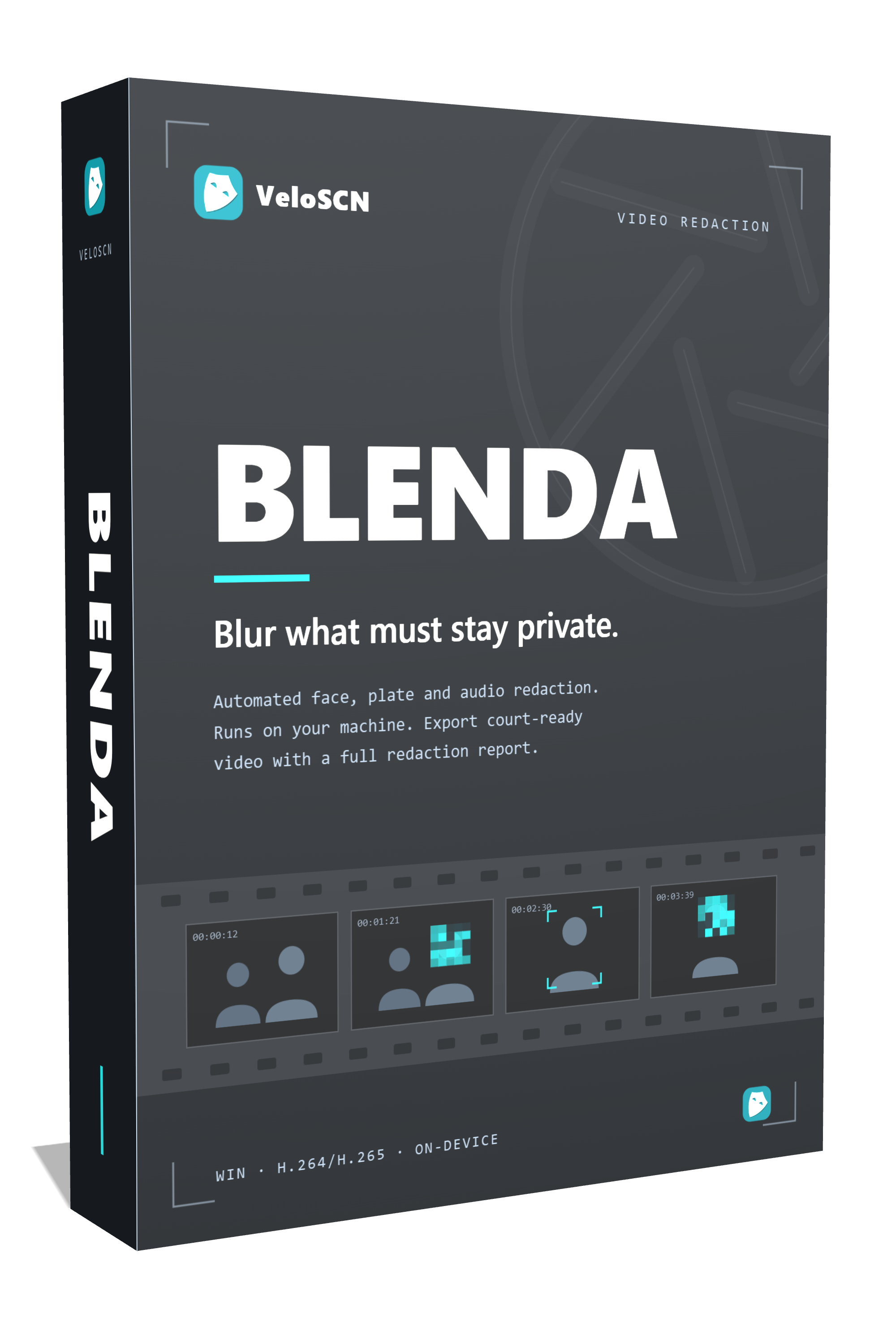 VeloSCN Blenda — on-device video redaction software, shown as a 3D product box